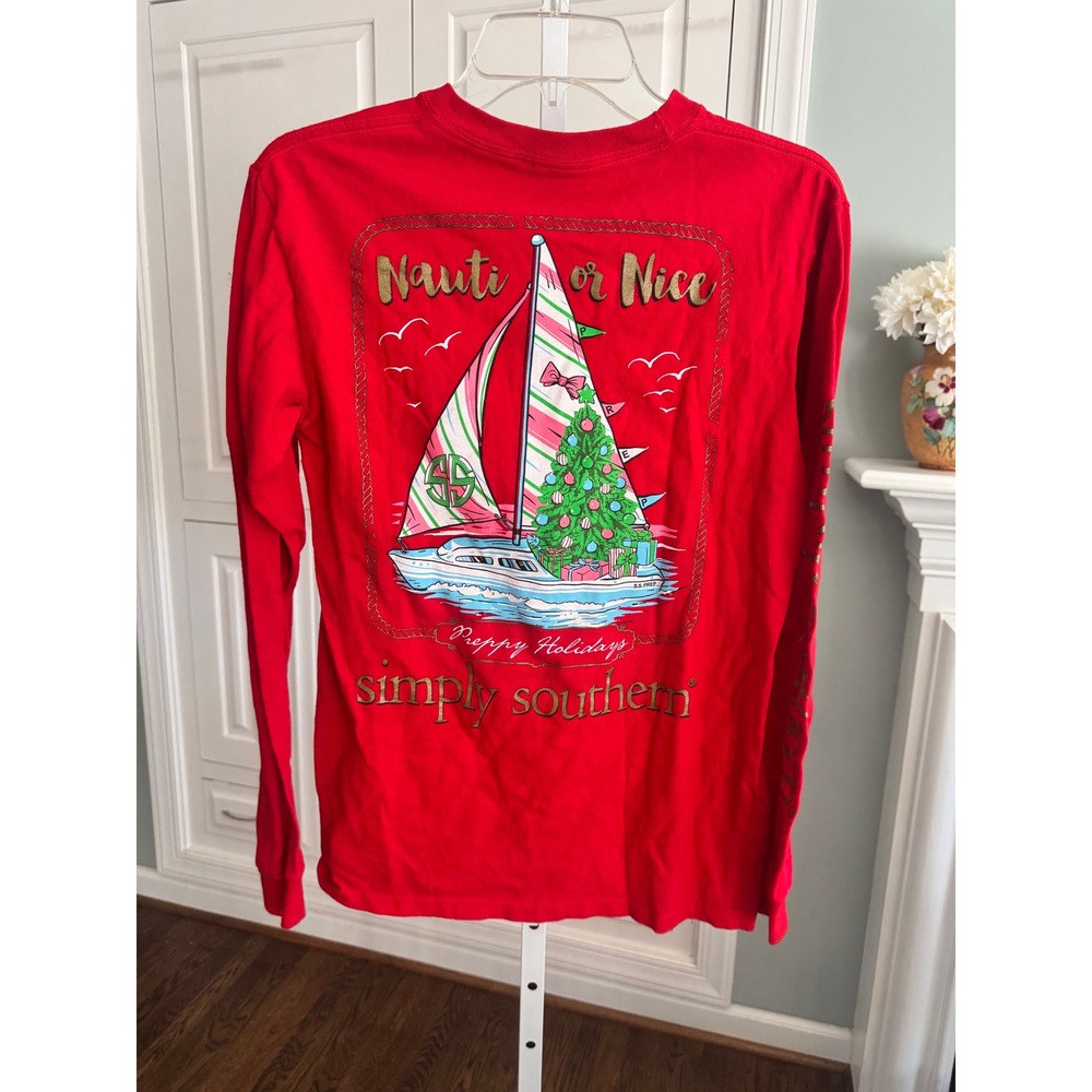Simply Southern Red Nauti or Nice Christmas Sailboat‎ Long Sleeve Shirt Womens